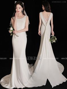 a woman in a white wedding dress standing next to another woman wearing a bridal gown