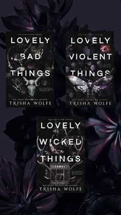 three book covers with flowers and skulls in the middle one is black, the other has purple