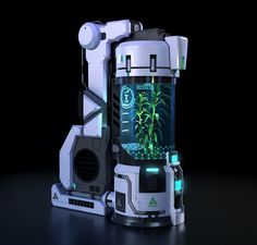 an image of a futuristic robot with plants in the back and lights on its side