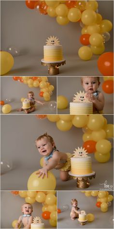 a collage of photos with balloons and baby in diapers on the bottom right