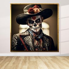 a skeleton wearing a black hat with roses on it's head is shown in an empty room