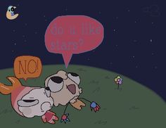 a cartoon dog laying on top of a grass covered field with a sign saying do u like stars?