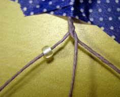 an open umbrella with blue and white polka dots on the top, sitting on a yellow surface