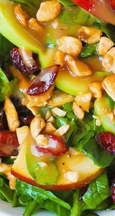 a salad with apples, cranberries, nuts and greens in a white bowl