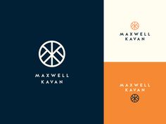 the logo for maxwell kavan is shown in three different colors and font styles, including orange