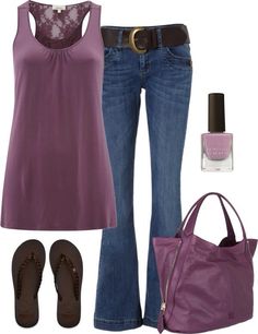 Find More at => http://feedproxy.google.com/~r/amazingoutfits/~3/cpK2bmCSc7o/AmazingOutfits.page Tank Top Outfit, Purple Tank Top, Elegante Casual, Top Outfit, Mode Casual, Purple Tank, Cooler Look, Lace Insert, Looks Style