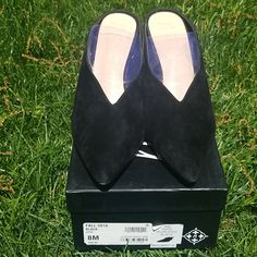 Beautiful. Only Tried On Never Worn. Perfect Condition. Casual Evening Slip-on Mules, Designer Suede Mules For Formal Occasions, Casual Mules With Round Toe For Evening, Casual Round Toe Mules For Evening, Casual Suede Heels For Office, Pink Wedges, Black Peep Toe Heels, Black Leather Mules, Leather Boots Heels