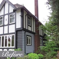 the before and after photo of a house that has been painted gray with white trim