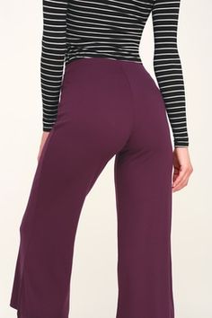 Round Trip Plum Purple Ribbed Cropped Wide-Leg Pants Purple Wide Leg Bottoms For Fall, Fall Purple Straight Leg Bottoms, Fall Purple Straight-leg Bottoms, Purple Straight Leg Bottoms For Fall, Wide Leg Purple Bottoms For Fall, Elegant Purple Long Pants, Elegant Long Purple Pants, Purple Trousers For Fall, Chic Full Length Purple Bottoms