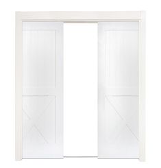 an open white door with two doors and one side paneled in wood, on a white background