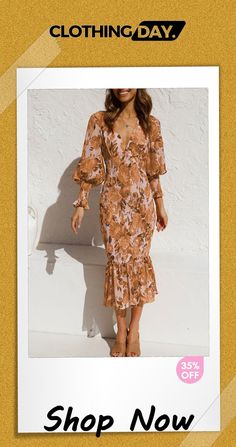 Summer Chic Ruffle Printed V Neck Long Sleeve Slim Dress Slim Dress, Summer Chic, Slim Dresses, V Neck, Long Sleeve