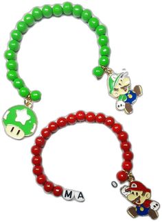 Themed Green Beaded Bracelets As Gift, Green Themed Beaded Bracelets As Gifts, Themed Green Beaded Bracelets For Gifts, Playful Wooden Beads Jewelry For Gifts, Gaming Characters, Mario Luigi, Cute Bracelet, Mario And Luigi, Party Favours