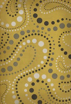 an abstract painting with circles and dots in yellow, black, and white on a brown background