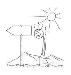 a cartoon man standing next to a sign pointing to the sun with his head down