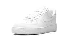 The Women’s Nike Air Force 1 Low “White on White” is a timeless low-top shoe by Nike for women.  Without question one of the most popular sneakers of all time, the all-white Air Force 1 is versatile in every sense of the word.  The design features a white leather upper with a mesh inner lining and solid rubber sole.  The Swoosh branding on the mid-panel and “Nike Air” insignia on the heel are finished off in white, as well.  A metallic silver “AF-1” lace dubrae finishes off the iconic look. All White Air Forces, Womens Air Force 1, Nike Heels, White Air Force 1, Popular Sneakers, White On White, Nike Air Force 1 Low, Stadium Goods, Nike Womens