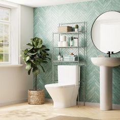 a white toilet sitting next to a sink in a bathroom under a mirror and a potted plant