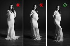 the pregnant woman is standing in front of three different angles to show off her belly