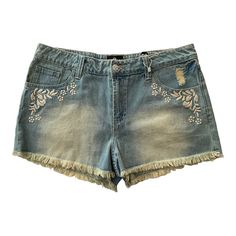 New With Tags Angie Juniors Size 7/8 Blue Distressed Denim White Floral Embroidery Cut Off Shorts High Rise 100% Cotton Waist Measures Approximately 35 Inches. Rise Is 11 Inches. Inseam Is 2 Inches. Measurements Are In Photos To Assist With Sizing/Fit. Country Closet, White Floral Embroidery, Flowy Shorts, Distressed Jean Shorts, Printed Jeans, Faded Denim, Embroidered Jeans, Denim Shorts Women, White Embroidery