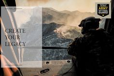 a man sitting in the cockpit of a helicopter looking out at mountains and clouds with text overlay that reads create your legacy