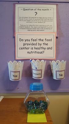 a table topped with cups filled with candy next to a sign that says do you feel the food provided by the center is healthy and nutritious?