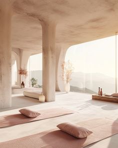 a large room with pink rugs and pillows on the floor