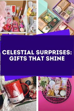 several different pictures with the words celestial surprises gifts that shine