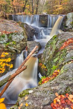 a small waterfall in the woods surrounded by rocks and trees with fall leaves around it