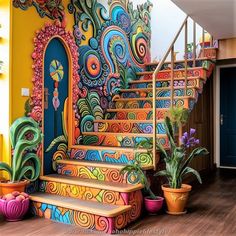 an artisticly painted stair case with potted plants