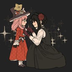 two women in dresses and hats standing next to each other on a black background with stars