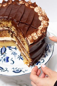 a person is cutting into a cake with chocolate frosting and white icing on it