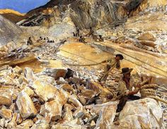 an oil painting of men working in a quarry with rocks and gravel on the ground