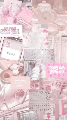 there is a collage of pink and white items in this photo, including teddy bears