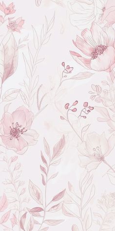 a pink flower wallpaper with leaves and flowers on the back ground, in pastel tones