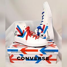 So Many Great Details! Converse X Patta Experimental Jet Set Edition Chuck 70 A03173c Size: Men 12 / Women 14/ Eu 46.5 / Uk 12 / Cm 30.5 Color: Hi White/Fiery Red/Diva Blue Condition: New In Box. - High Top - Graphic Blue And Red Print - Red And Blue Laces - Rubber Cap Toe - Treaded Rubber Sole - Textile Upper - Removable Cushion In-Soles - Extra White Laces Smoke Free, Pet Free Environment Quick Shipper! Will Ship Same Day Or Next Business Day Please Feel Free To Reach Out For Inquiries Thank Y White Converse Custom Sneakers For Sports, White Converse Sneakers For Sports, Sporty White Custom Converse Sneakers, Converse Chuck Taylor 70, Converse Pro Leather, Chuck Taylor 70, Top Shoes For Men, Blue High Tops, Converse Jack Purcell