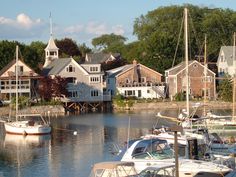 many boats are docked in the water near houses