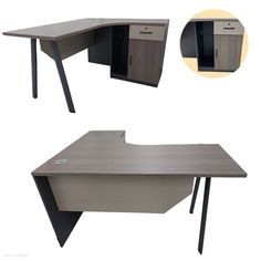 an office desk with two drawers and one door open