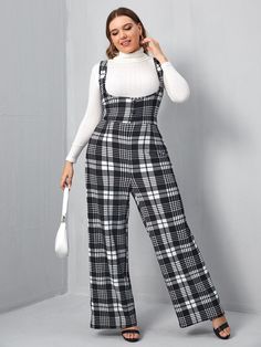 Black and White Elegant Collar Sleeveless Polyester Plaid Overall Embellished Slight Stretch Spring/Fall Plus Size Jumpsuits & Bodysuits Pinafore Jumpsuit, Plaid Jumpsuit, Plus Size Fashionista, Plus Size Fall Outfit, Early Spring Outfits, Plus Size Kleidung, Business Outfits, Wide Leg Jumpsuit