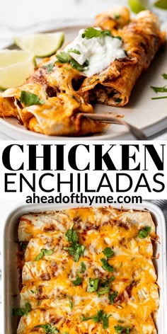 chicken enchiladas in a casserole dish with limes and cilantro