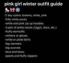 the pink girl winter outfit guide is displayed on a black background with white snowflakes