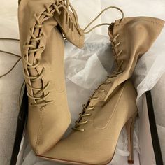 Nude Lace Up Sock Bootie W/ 4” Heel Never Worn White Leather Booties, Black Military Boots, Sock Bootie, Pointed Ankle Boots, Crocs Boots, High Ankle Boots, Sock Boots, Black Stilettos, Block Heel Ankle Boots