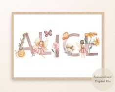 the word alice is made up of flowers, butterflies and an angel on top of it