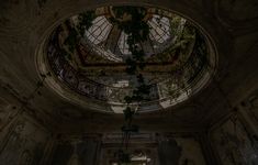 an old abandoned building with ivy growing on the ceiling and glass dome window above it