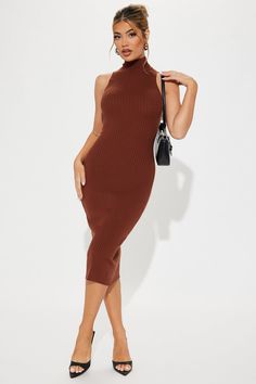 Available In Hunter And Cognac. Sweater Midi Dress Sleeveless Mock Neck Stretch 50% Rayon 30% Polyester 20% Nylon Imported | Take Me To Work Sweater Midi Dress in Cognac Brown size XL by Fashion Nova Sleeveless Ribbed Midi Dress For Date Night, Brown Ribbed Dress For Date Night, Brown Ribbed Stretch Midi Dress, Chic Brown Ribbed Midi Dress, Brown Stretch Ribbed Midi Dress, Sleeveless Midi Dress For Night Out In Fall, Fall Sleeveless Solid Dresses, Solid Sleeveless Dress For Fall, Sleeveless Stretch Midi Dress For Fall