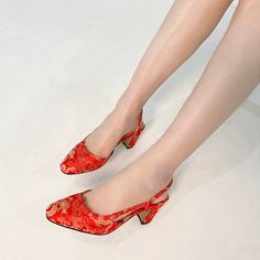 Beautiful and unique slingback heels that bring you good luck. Upper: Silk Lining: Genuine Leather Outsole: TPR Toe Shape: Round Toe Heel: 5cm/2'' Closure: Slip-on is_handmade: Yes Red Slingback Kitten Heels With Heel Strap, Red Slingback Kitten Heels For Formal Events, Red Slingback Sandals With Pointed Toe And Heel Strap, Red Pointed Toe Slingback Sandals With Heel Strap, Red Pointed Toe Slingback Sandals For Evening, Formal Red Slingback Sandals With Low Heel, Formal Red Low Heel Slingback Sandals, Red Pointed Toe Slingback Sandals For Party, Red Kitten Heels For Summer Evenings