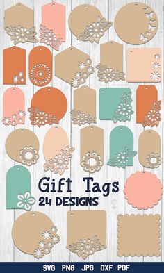 gift tags with flowers and laces are shown on a wooden background, in pastel colors