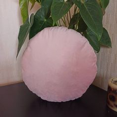 a pink round pillow sitting on top of a table next to a potted plant