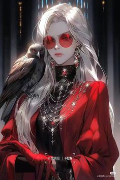 a woman with long white hair and red glasses holding a black bird on her arm