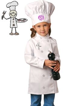 "Fast Shipping ► Embroidered items ship in 1 to 3 Business Days. This Item includes: ► Kids Chef Coat with Embroidered \"Stick Chef\" Design ► Embroidered Initials of Your Choice on the Hat ► Chef Hat Chef Hat includes an adjustable \"Hook and Loop\" fastener in the back. Chest Sizes: Small 2-4: 18\" to 20\" Medium 6-7: 22\" to 24\" Large 8-10: 26\" to 28\" Coat Features: ► 7.5oz 65/35 Poly/Cotton Twill ►Soil Release Finish ►Crease Resistant Finish ►Reinforced Stress Points ►CPSIA Compliant We d Kids Chef Costume, Cupcake Embroidery Designs, Kids Cooking Party, Fairies Embroidery Designs, Baking Design, Chef Hats For Kids, Chef Costume, Personalized Kids Apron, Kid Chef