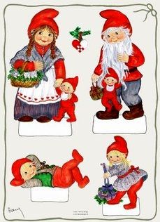 an image of three gnomes with babies and christmas decorations on the front, one in red