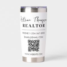 a stainless steel travel mug with a realtor sticker on the front and side